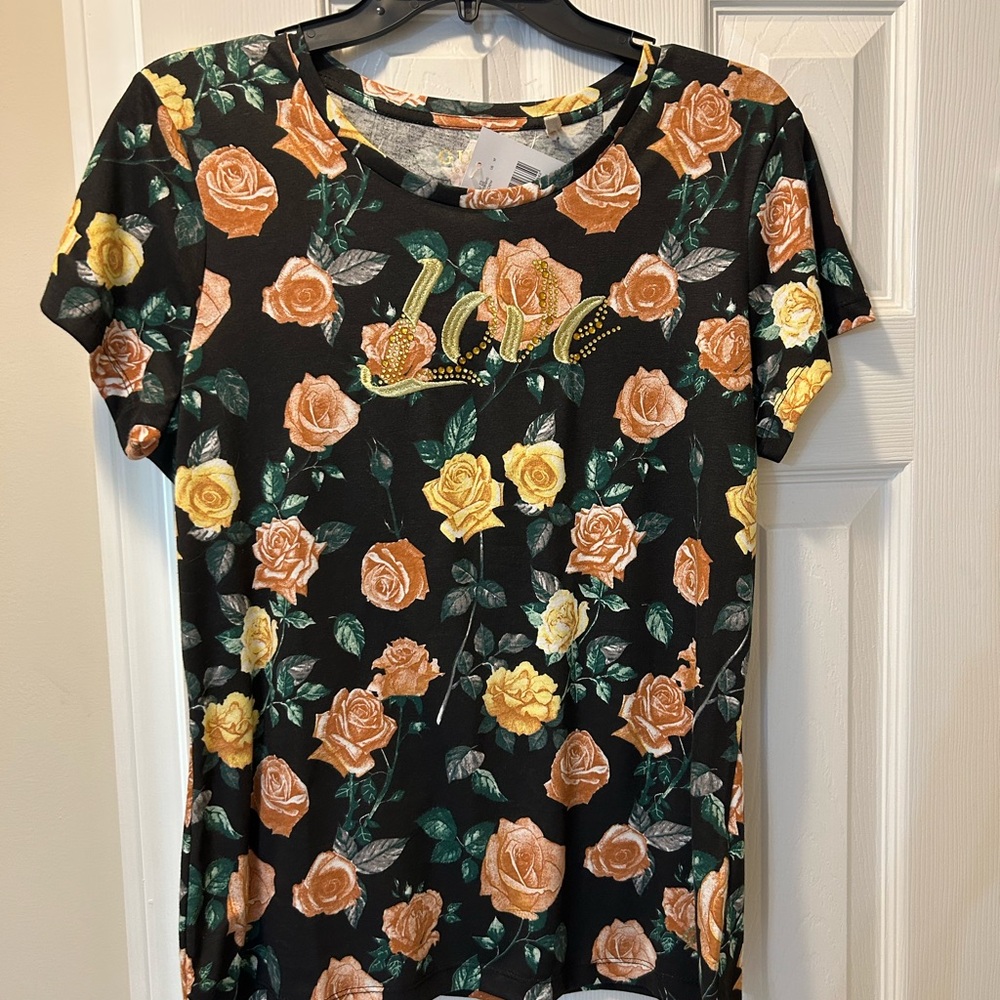 Guess Black T-Shirt with Orange and Yellow Floral Design